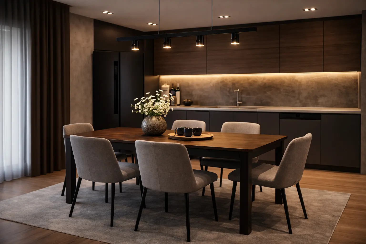 Moderní jídelna propojená s kuchyní, s atmosférickým osvětlením a čistým minimalistickým designem