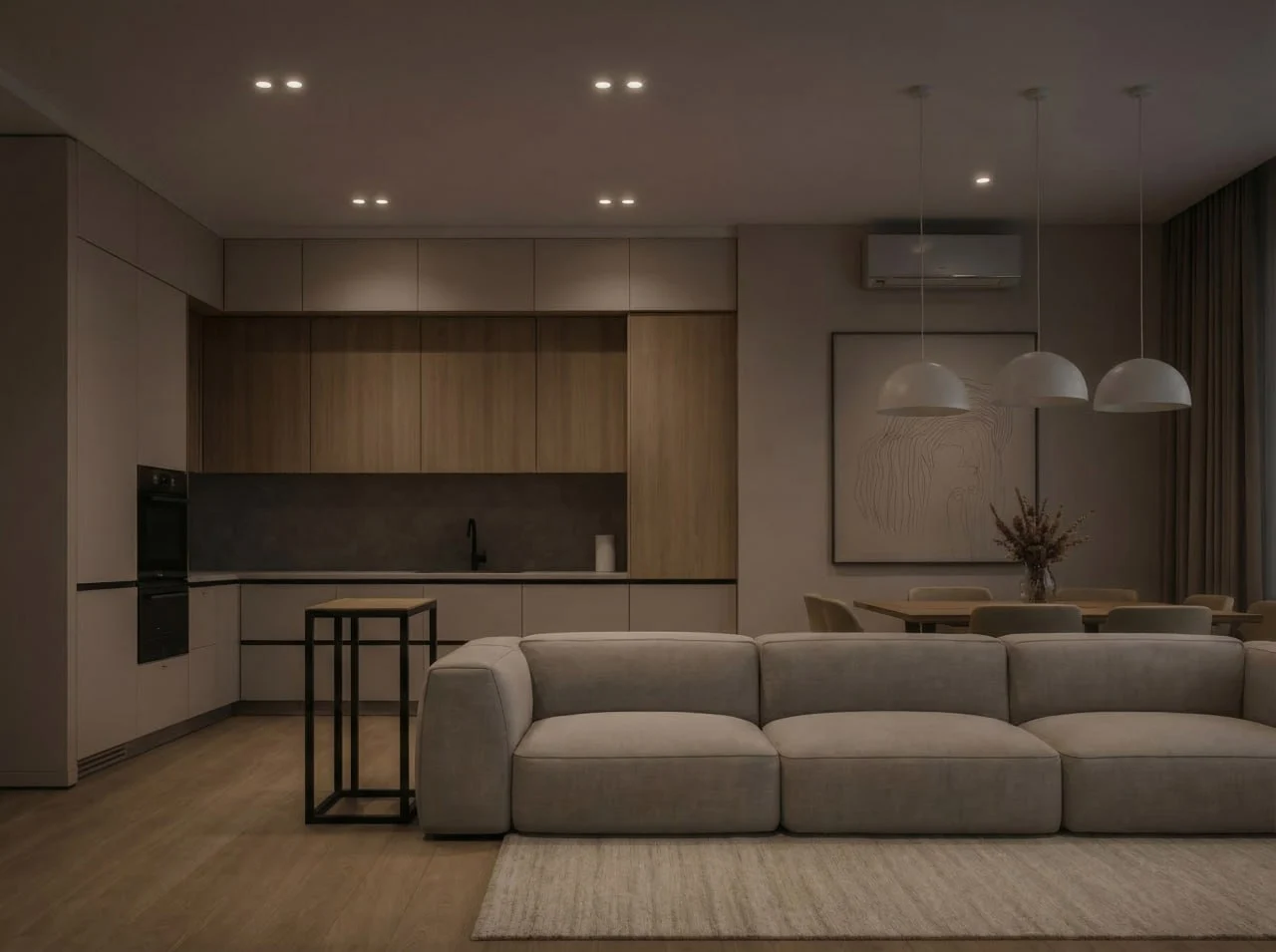 Hlavní stropní osvětlení v moderním obývacím pokoji s kuchyní