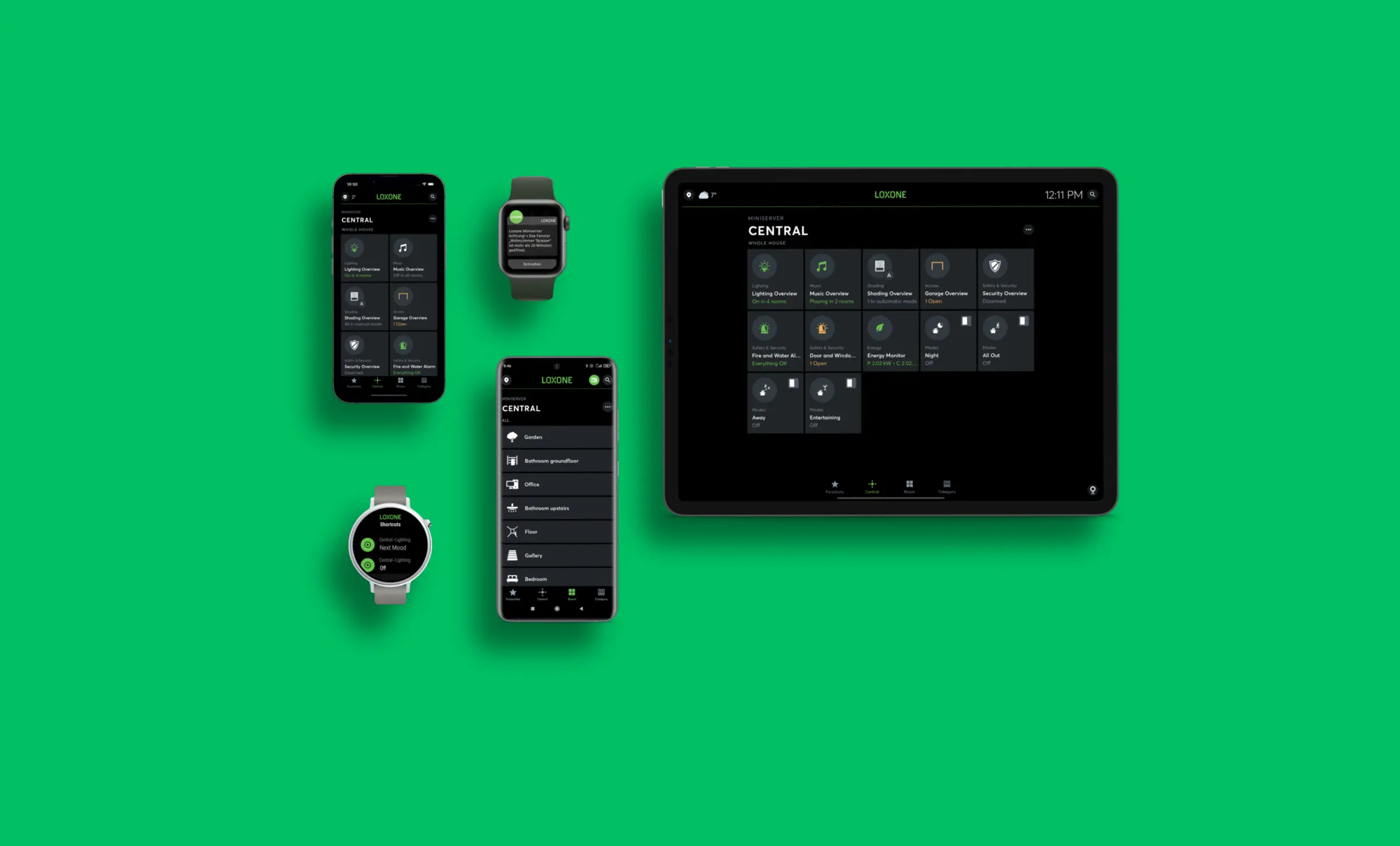 Aplikace Loxone pro ovládání chytré domácnosti na mobilu, tabletu a chytrých hodinkách